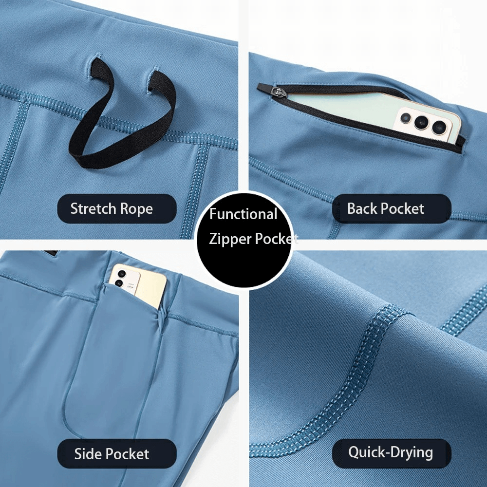 Men's running compression shorts showing pockets and features like stretch rope, back pocket, side pocket, and quick-drying fabric.